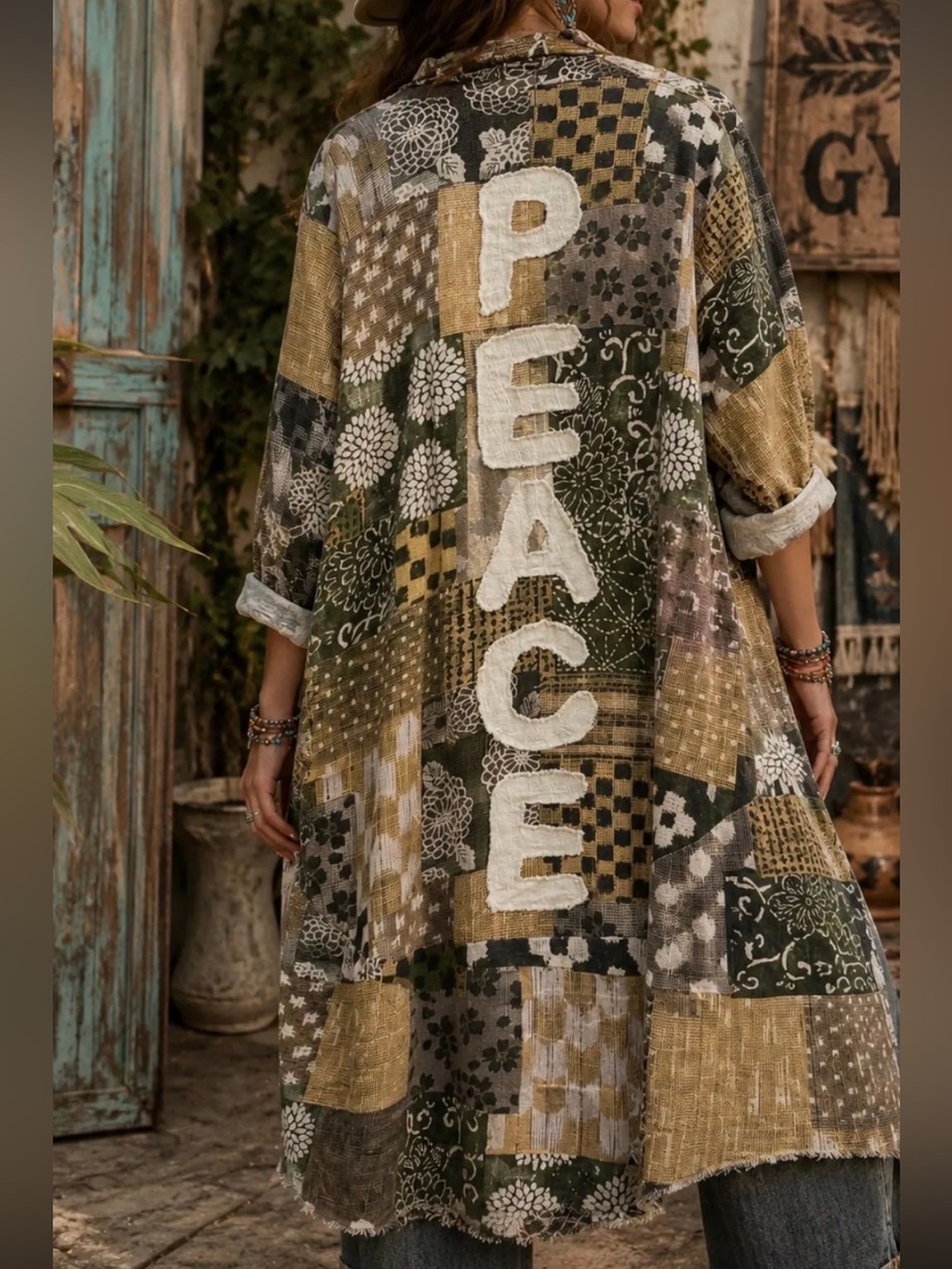 I LOVE LINEN Patchwork 'PEACE' Duster